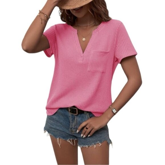 SHEIN Light Pink Ribbed V-Neck Short Sleeve T-Shirt | L - Picture 1 of 12